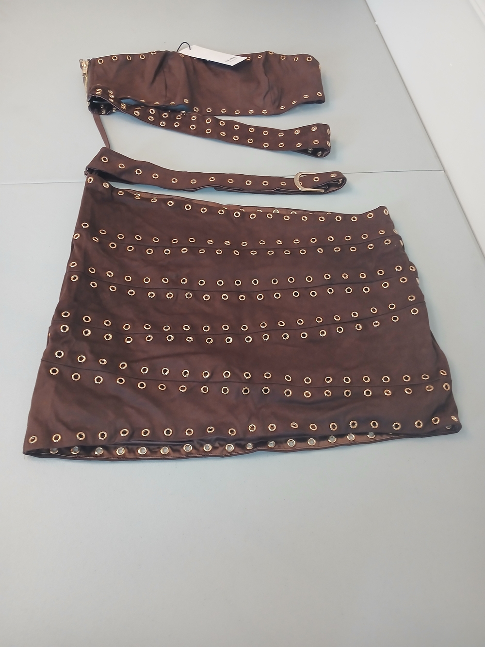 Brown Faux Suede Eyelet Stud Strappy Cut Out Mini Dress L & 1X New! AKIRA